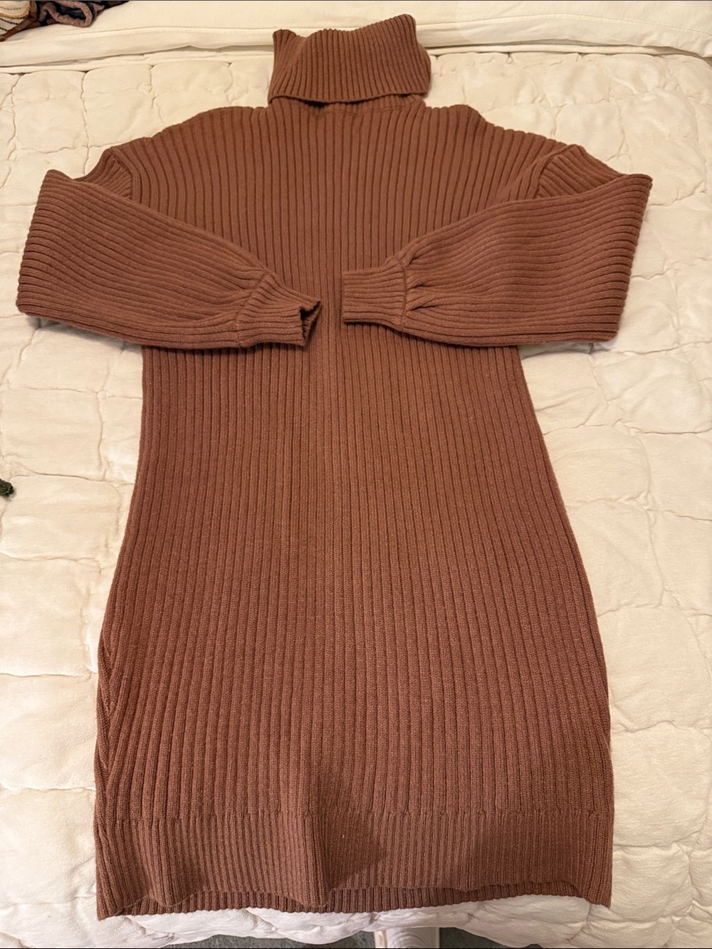 Turtleneck Ribbed Sweater Dress - Rust Brown